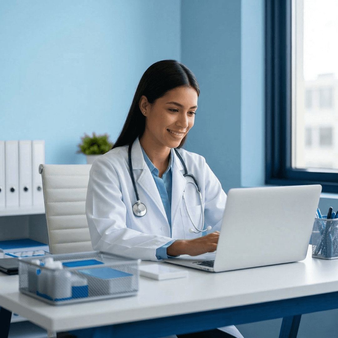 Doctora en su consultorio revisando informacion en su computadora